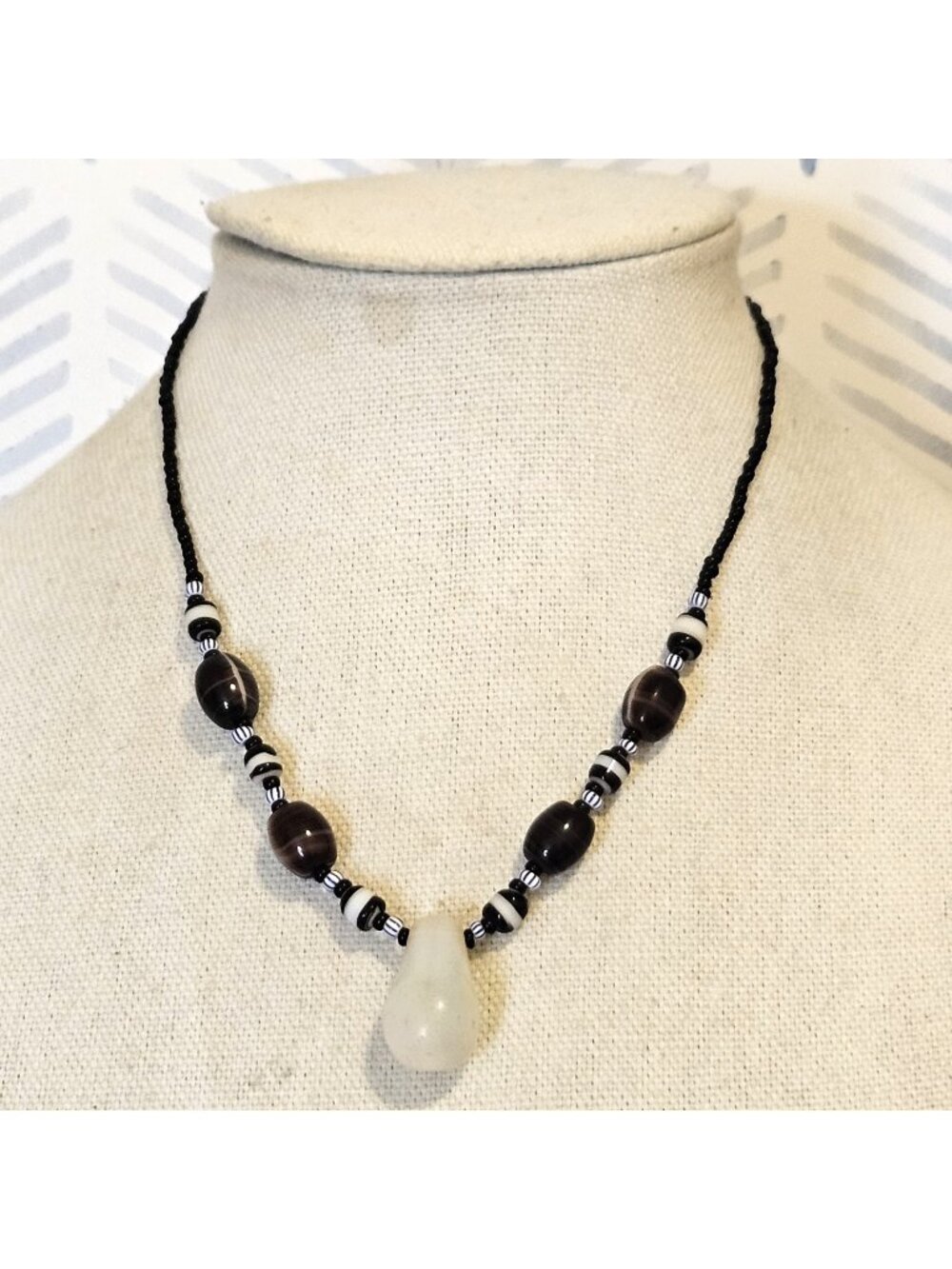 Artisan Black Seed Bead Glass Beaded Necklace Moonstone Pendant
